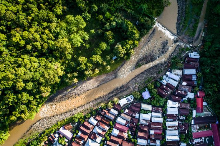 Aerial View of River and Panengahan Village, Indonesia